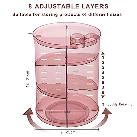 Rotating Makeup Organizer, DIY 8 Adjustable Layers 360 Spinning Skincare Organizers, Makeup Storage Carousel Tower with Brush Holder & Perfume Trays, Cosmetic Display Case for Vanity Bathroom