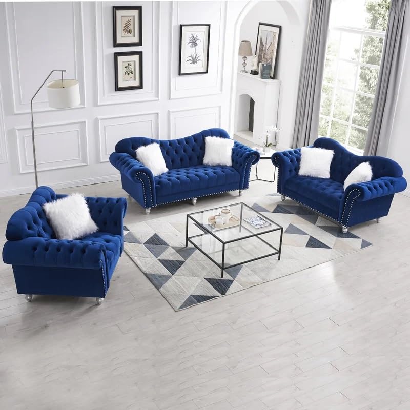 Modern Classic Sofa Couch Fabric & Valvet Tufted Chesterfield Sofa Living Room and Office (Trendy Blue 3+2+1)