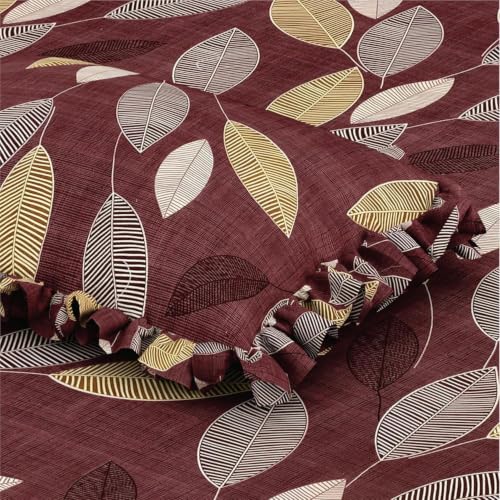 Image of King Size Fitted Bedsheet for Double Bed | 300 TC Cotton Feel Microfiber | All Around Elastic with 2 Frill Pillow Covers | Soft & Durable | (WINEFrill, Fitted - 72 x 78 Inch King)