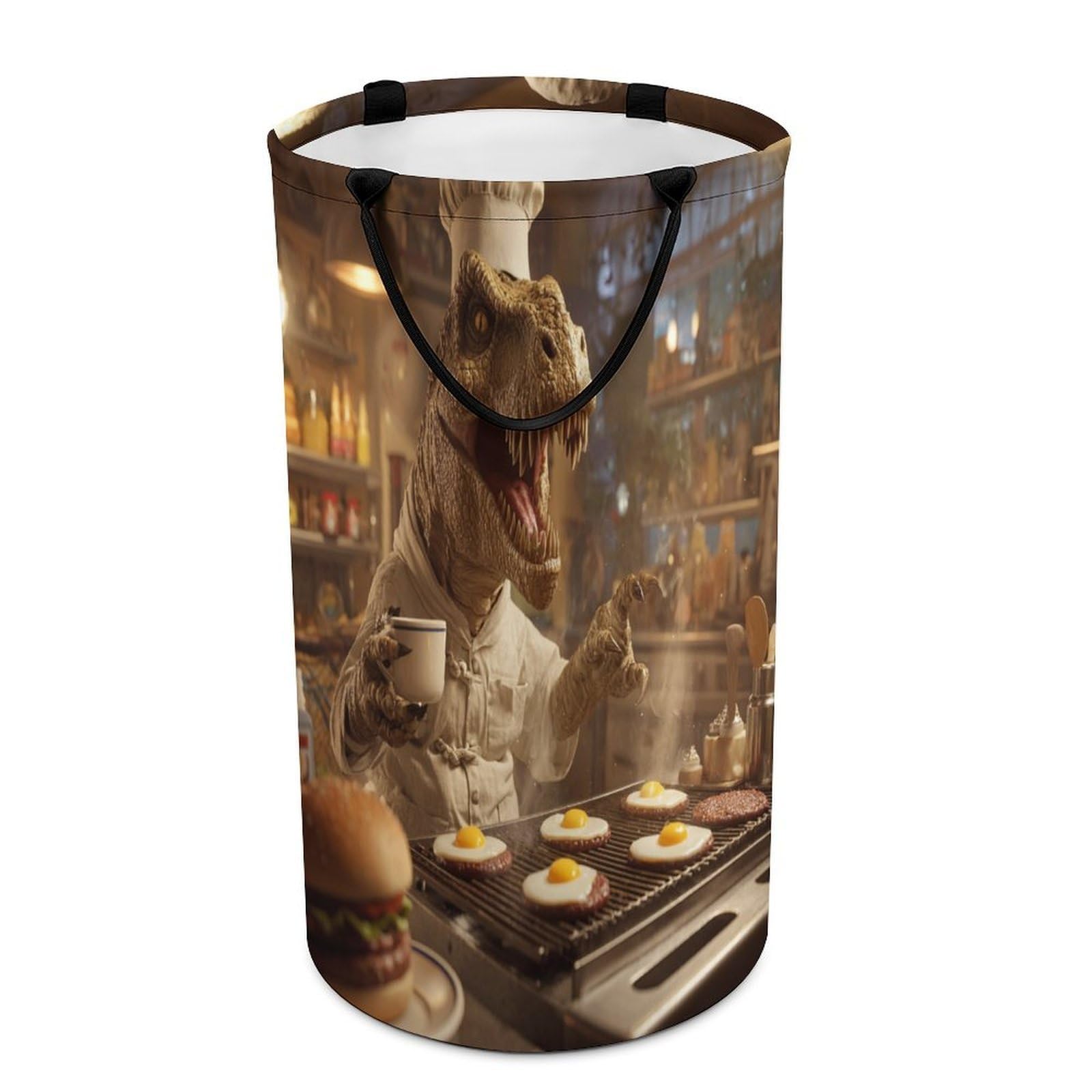 LUYYSKY Funny Realistic Dinosaur Chef Collapsible Dirty Clothes Basket, Vintage Classic Cooking Food Hamburger Animal Dinosaur Portable Clothes Storage Laundry Basket-40 CM Dia, 69 CM High