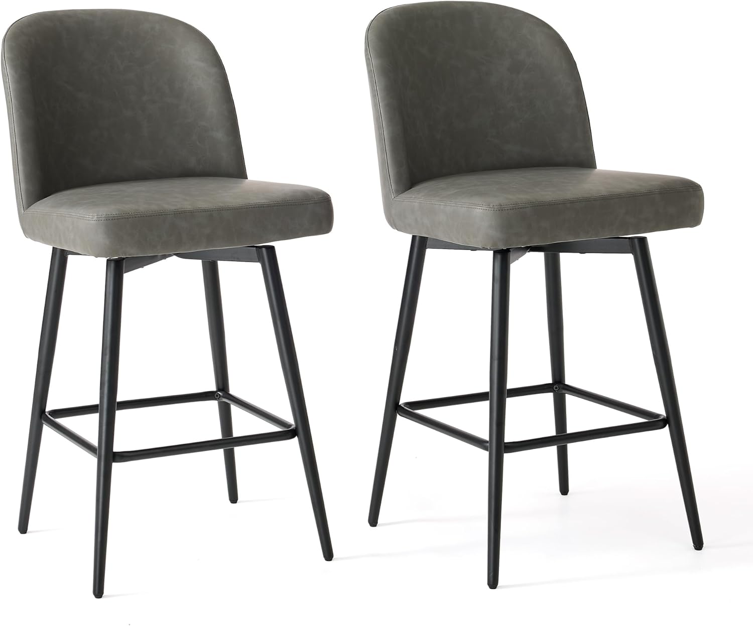 Counter Height Bar Stools Set of 2, 26.9" H Seat Height Swivel Upholestered Barstools with Back and Metal Legs for Kitchen Island, Faux Leather in Retro Grey