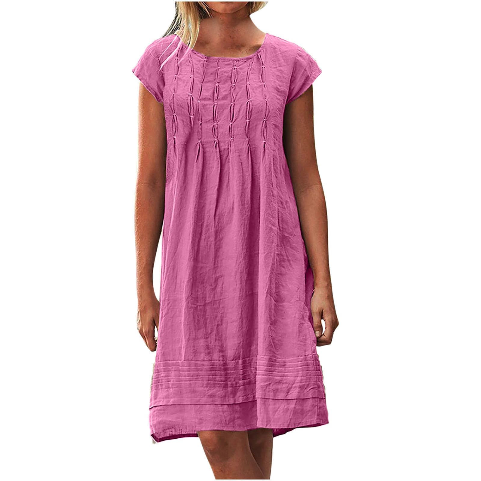 Cotton Dresses Linen Beachwear Summer Shirred Dress Empire Line Wear Muslin Co Ord Smocked Clothing Going Out Coverups Tunic Coords Loose Outfits Curvy Cover Up Ladies Hot Pink 1 S