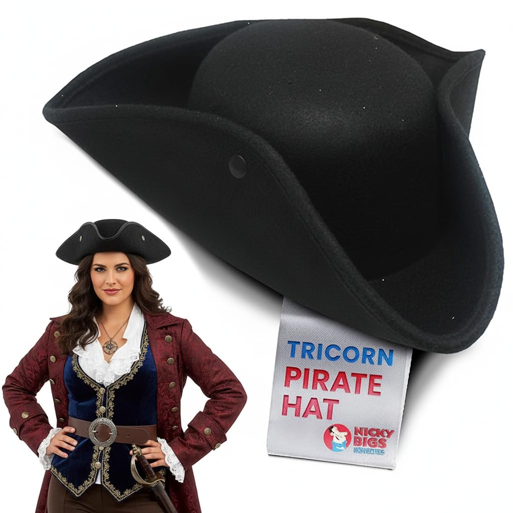 Nicky Bigs Novelties Adult Colonial Tricorn Pirate Hat 3 Cornered Cocked Cap For Cosplay Halloween Costume Accessory.