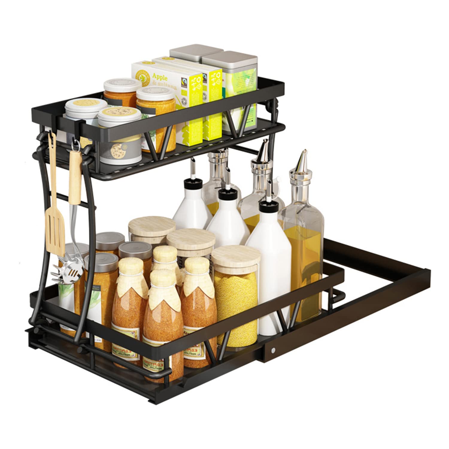AVSMGP Scaffale portaoggetti per armadietto, Organizer Sottolavello Cucina, Organizer Cucina, Scaffale portaoggetti per armadietto con 2 cassetti scorrevoli per Ufficio Cucina,Nero