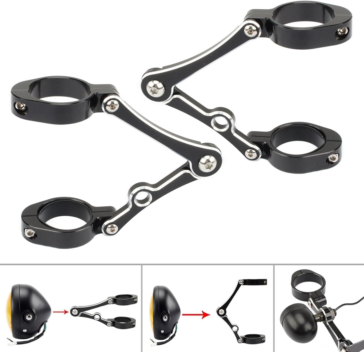 Motorcycle Headlight Bracket Mount Clamp Fork Tube Holder 37-41mm 45mm 49mm 54mm For Ha-rl-ey Ca-fe Ra-c-er Ch-op-per Bo-bb-er Universal (Color : 54-58mm Black)