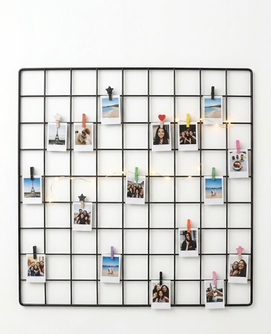 Metal Wire Grid Photo Display Frame for Wall | Hanging Picture Organizer with Clips for Photos, Postcards, Notes & Memo Display | Modern Wall Decor Photo Board for Bedroom, Living Room & Office | Black-image-14