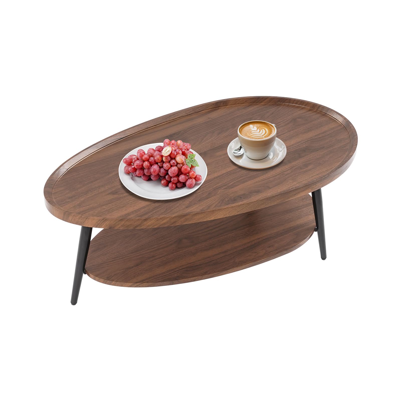 Mesa de centro ovalada de madera de doble capa, mesa de salón, estilo nórdico, diseño en forma de lágrima, mesas auxiliares, 2 niveles, 100 x 38 cm, para sofá, oficina, café (marrón)