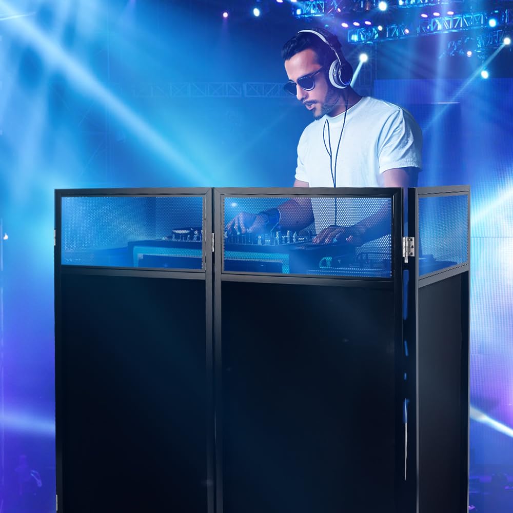 DJ-Kabinentisch mit schwarz-weißem Scrim, faltbarer DJ-Ständer aus Metall mit Kabelmanagement und Tragetasche, 111,8 x 50,8 cm Workstation für mobilen DJ, Hochzeit, Party, Event, DJ-Controller, Laptop