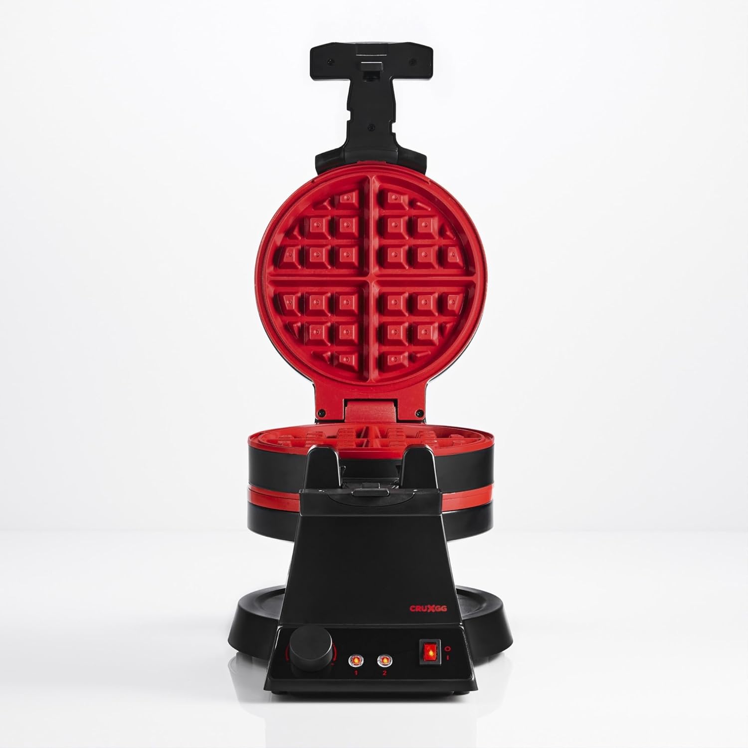 CRUXGG TRNR Double Rotation Waffle Maker with top plate open, showing red non-stick cooking surfaces.