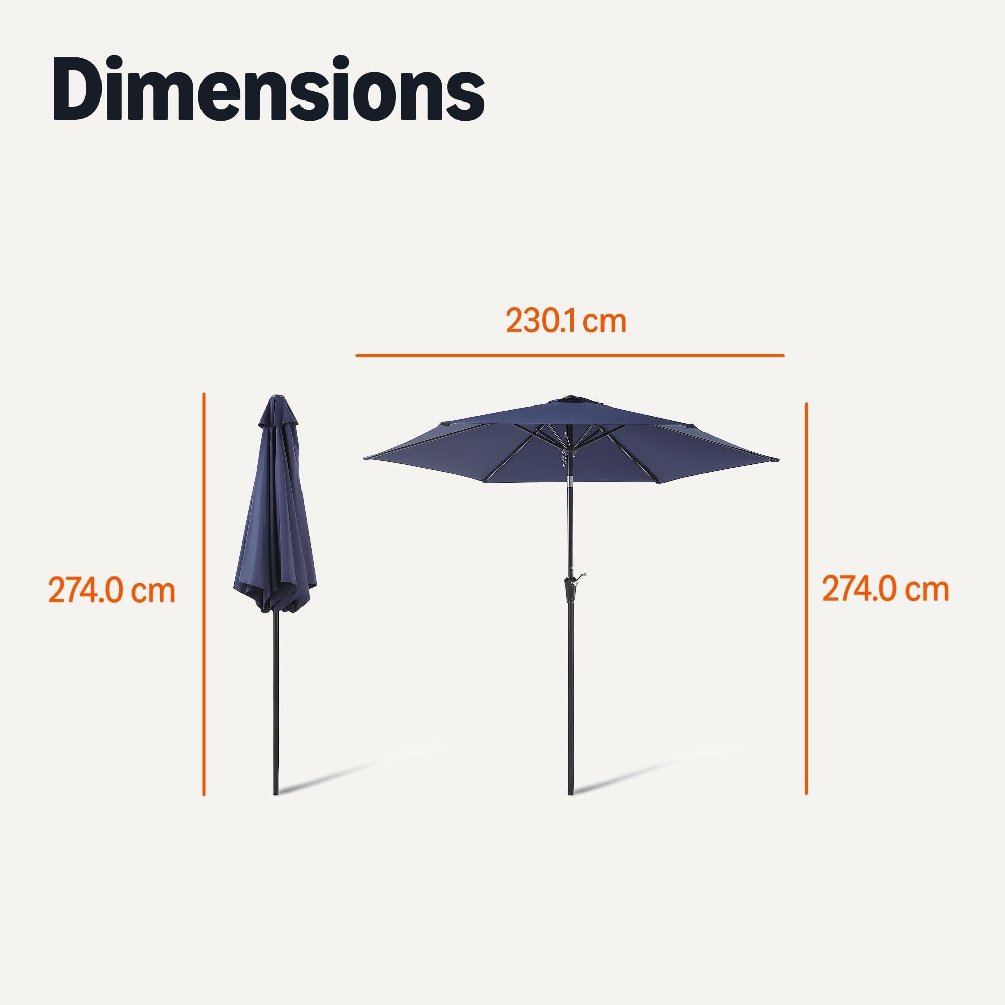 Amazon Basics Parasol de Terrasse, avec Manivelle et Inclinaison par Bouton-Poussoir, 274cm, Bleu Marine