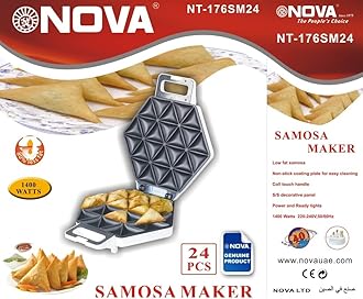 NOVA Electric Mini Samosa Maker | 24-Piece | 1400W | Non-Stick Coated Plates | Cool Touch Handle | 80% Less Fat | Stainless Steel Panel | Power & Ready Lights"
