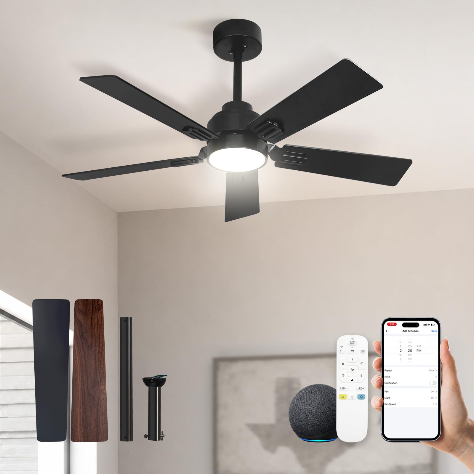 Photo 1 of ***HARDWARE NOT IN ORIGINAL PACKAGING*** ***MISSING HARDWARE*** Ecozento 42 Inch Black Smart Ceiling Fan with LED Lights and WiFi Alexa APP Remote,3CCT,6 Speed,Quiet Reversible DC Motor,Small Indoor Outdoor Fan for Bedroom,Living Room,Patio