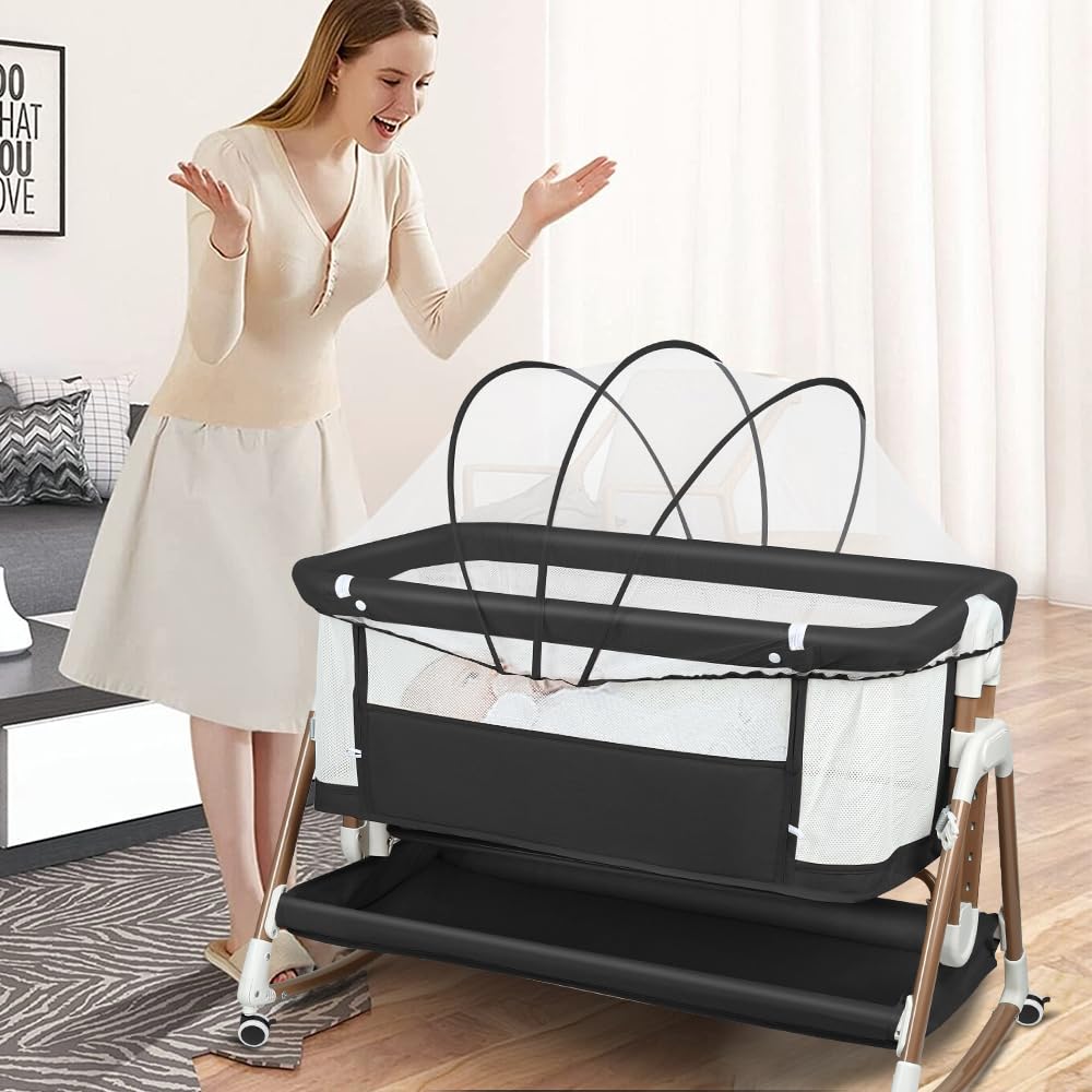 LANTUS Berceau 3 en 1, Lit Cododo, Berceau à Inclinaison, Hauteur réglable sur 6 Niveaux(50-75cm(50-55 - 60-65- 70-75)), jusqu'à 50kg, Roues 360º, Moustiquaire, 90 x 60 x 90-115 cm – Noir + Or
