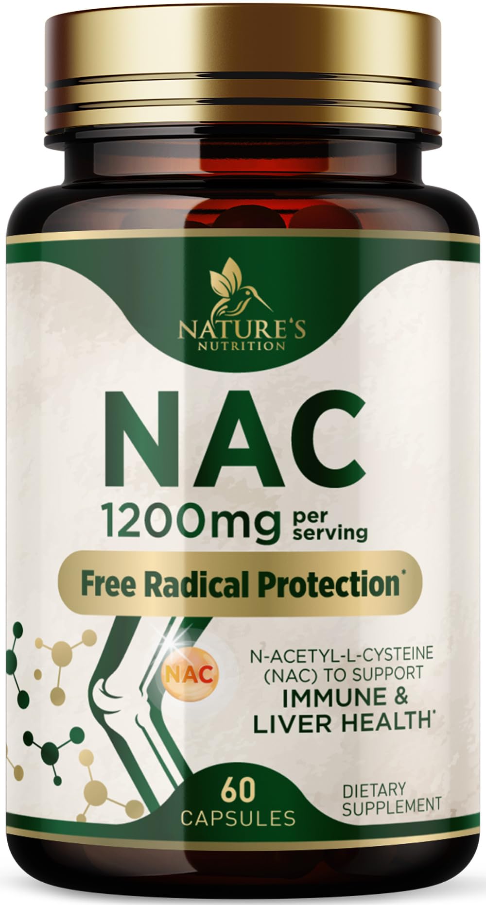 N-Acetyl-L-Cysteine (NAC) Supplement - 1200mg Free-Form NAC - Powerful Antioxidant Fights Free-Radicals - Daily Immune, Liver & Respiratory Support - Vegan, Gluten Free, Bottled in USA - 60 Capsules 60 Count (Pack of 1)