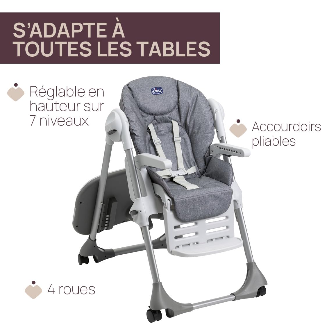 Chicco - Dining chair Polly Easy - From 6 Months to 3 Years (15 kg) - Adjustable Backrest - Adjustable Height - Foldable - 4 Wheels - Toucan