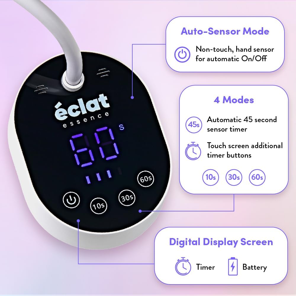 Éclat Flash Cure Lamp for Gel Nail Polish 36W Rechargeable LED Mini UV Light, Cordless Nail Dryer with 4 Timers & Auto Sensor, Portable Fast Curing Gooseneck Lamp for Home DIY Manicure & Pedicure