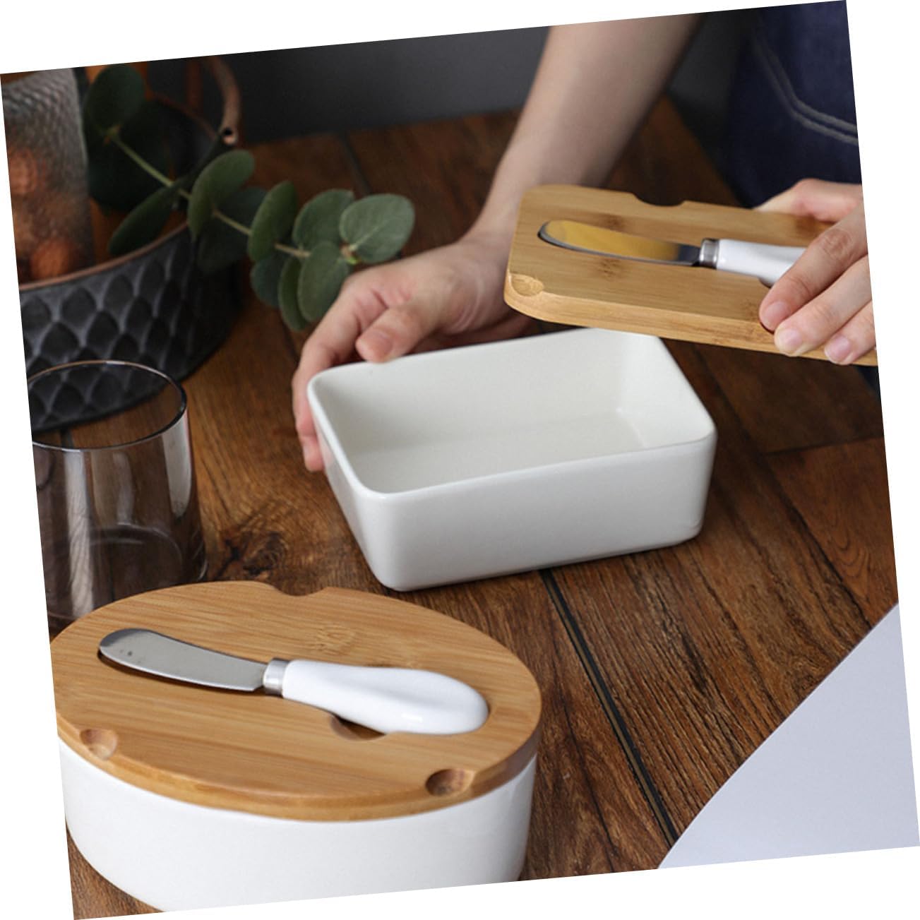 Butter Knife Ceramic Disc Set Bamboo Lid Butter Box Storage Box for Home Tableware