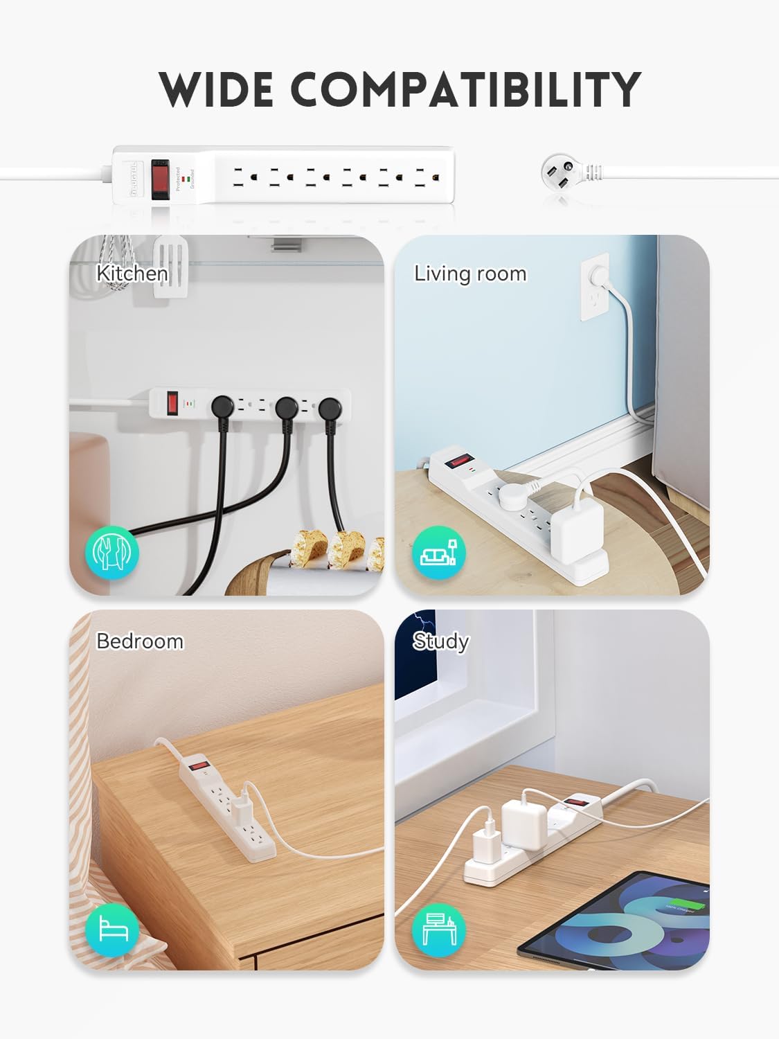 PLUGTUL Power Strip Surge Protector 6FT, 980Joules, 6 Outlet, Flat Plug, Wall Mountable for Home Office Garage, ETL Listed, White