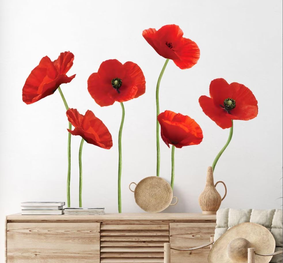 PICASSO SIGNAGE Red Flower Wall Decals Peel and Stick Floral Wall Stickers Removable Wall Art for Home Bedroom Living Room Decor
