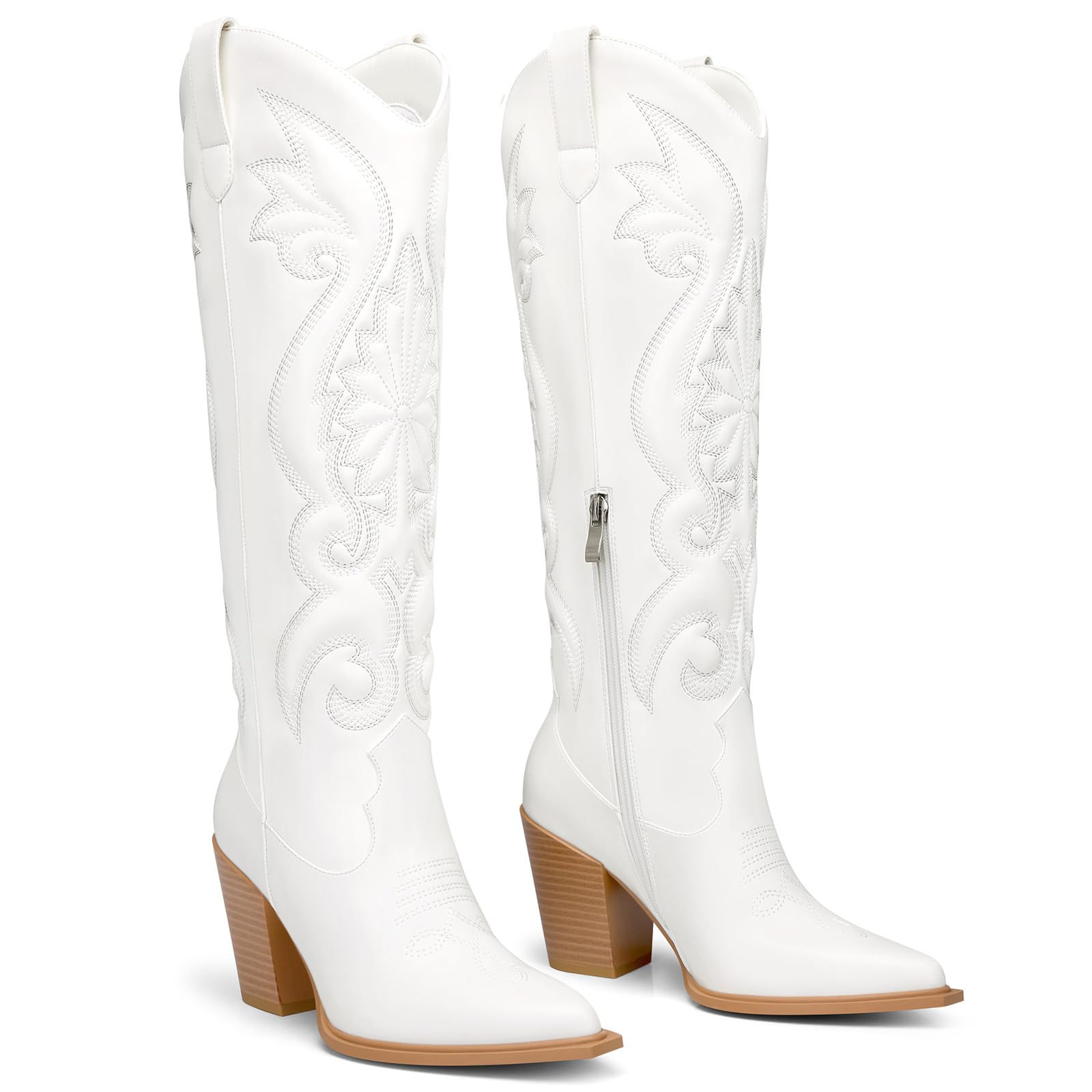 Women High Cowboy Boots: 3.5 Inch Chunky Heels Cowgirl Boot, Pointed Toe Trendy Knee High Boots, Wide Calf Comfortable Embroidered Western Tall Boots Size 6-11-image-6
