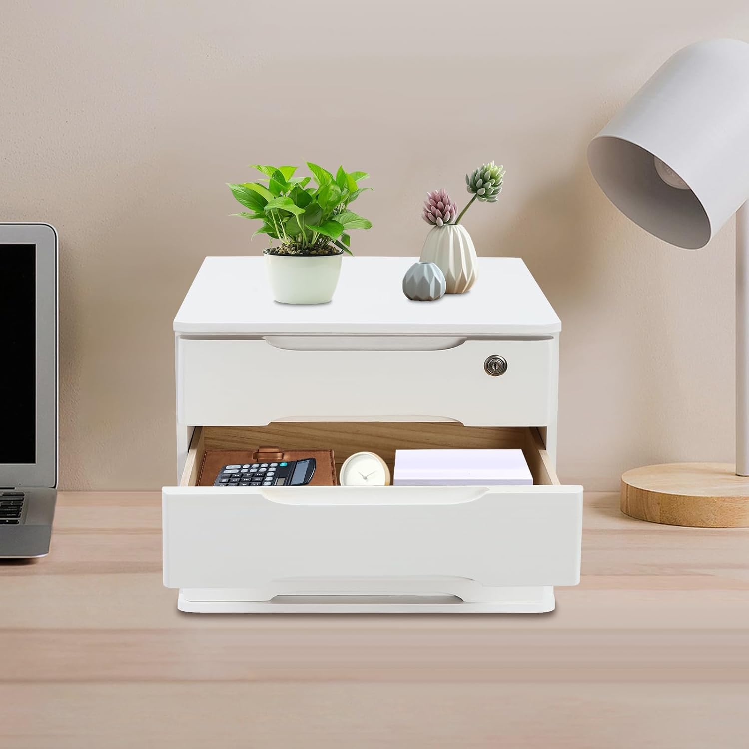 Organizer da Scrivania in Legno con Serratura E 3 Cassetti, Ideale per Ufficio, Studio E Casa - Elegante Scatola Porta Documenti E Raccoglitori, 39 X 30 X 31 Cm, Perfetta per White
