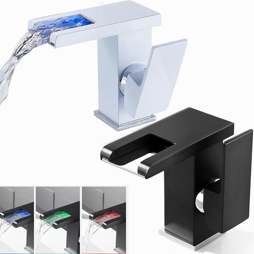 Robinet de lavabo cascade LED avec 3 couleurs changeantes RVB pour salle de bain lavabo mitigeur monocommande (noir)