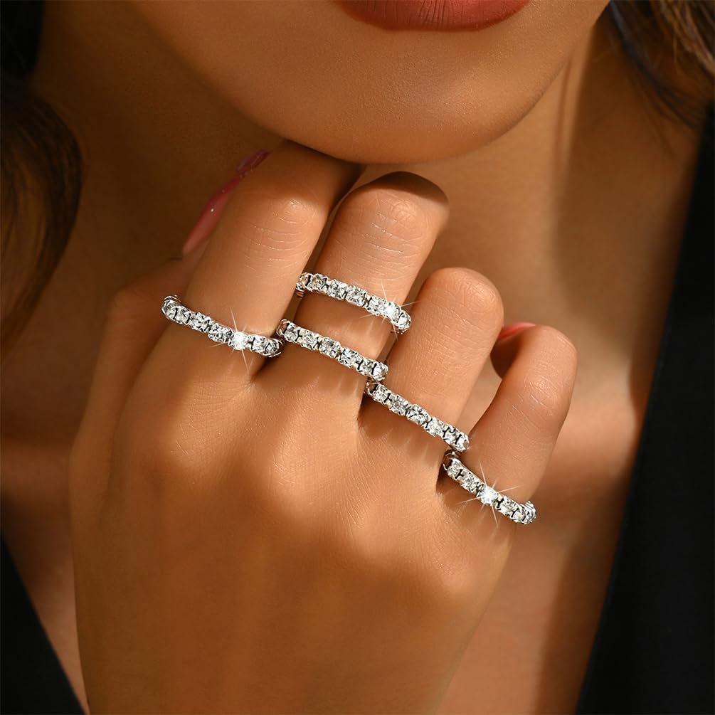 Bling Rhinestone Stretch Rings Set for Women Trendy, Funky Cute Sparkly Cubic Zirconia Stackable Knuckle Ring Y2K Party Prom Jewelry Gift Accessories - Image 4