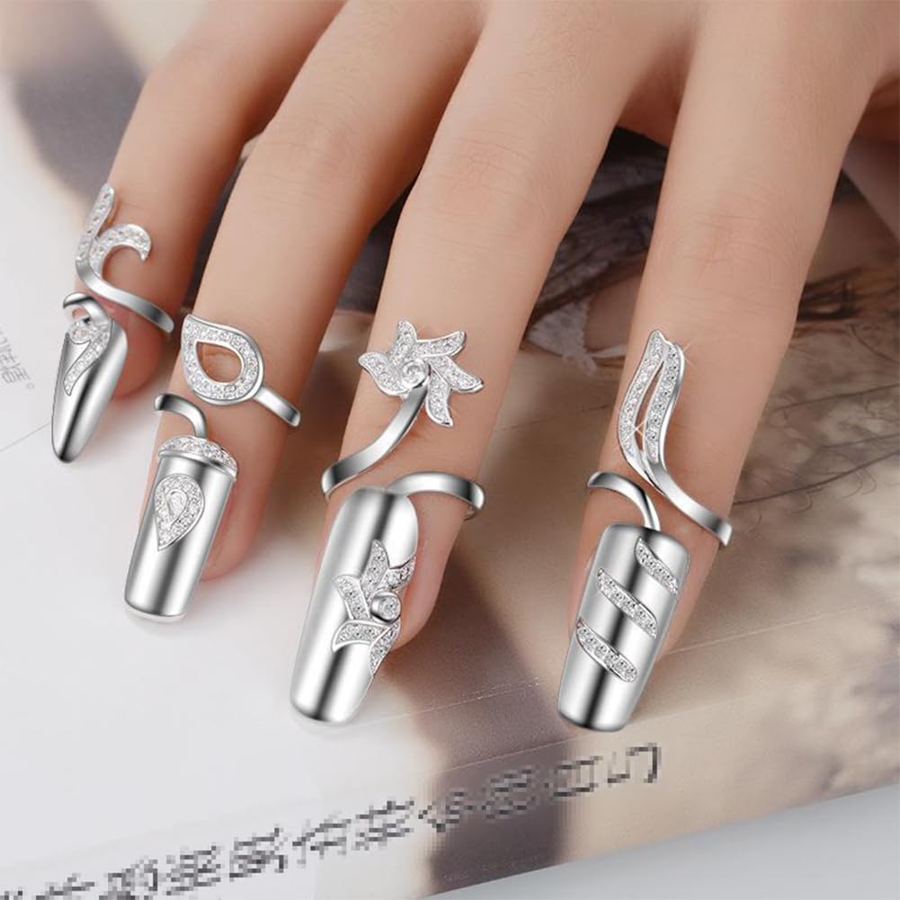 VASANA 4Pcs Silver Rhinestones Womens Finger Nail Rings Metal Fingertip Protective Nail Rings Opening Nail Cover Ring Fingernails Ring Art Charms Accessories - Image 4