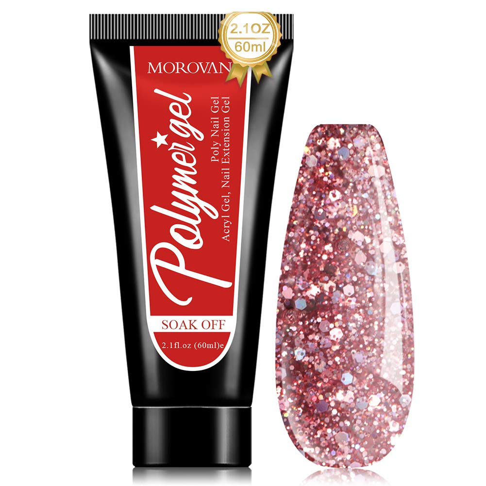 Morovan Poly Extension Gel Nail Kit With Temperature Color/Glitter Extension Gel and Mini Nail Lamp Slip Solution All-in-one French Complete Builder Gel for Beginner (B)