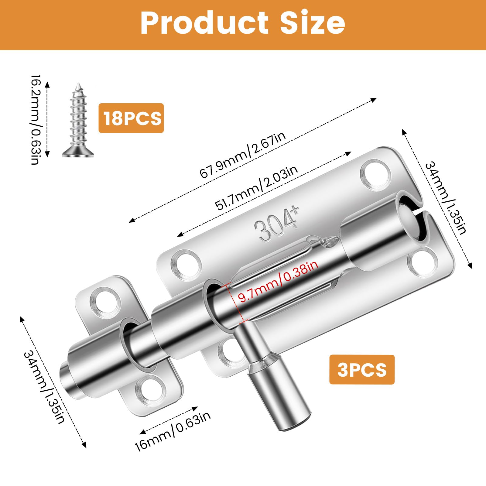 3 Pcs Door Lock Bolt,Gate Bolt Lock,Stainless Steel Door Latch with Screws 4",Heavy Duty Sliding Shed Bolts for Doors,Security Gate Bolts for Wooden Gates,Bathroom,Bedroom,Garden,Shed,Toilet,Fences - Image 3