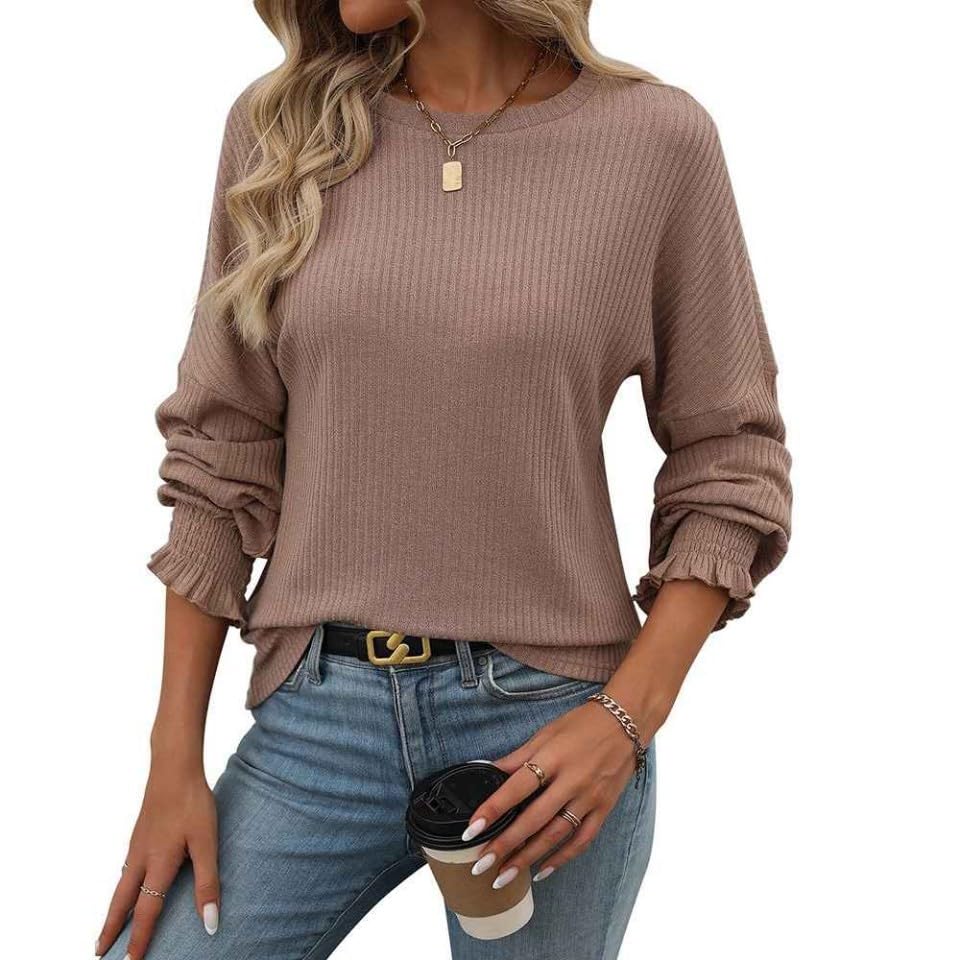 Womens Sweater Fashionable Casual Long-Sleeve Shirt Cotton Loose-Fit Crew Neck Long-Sleeve Pullover