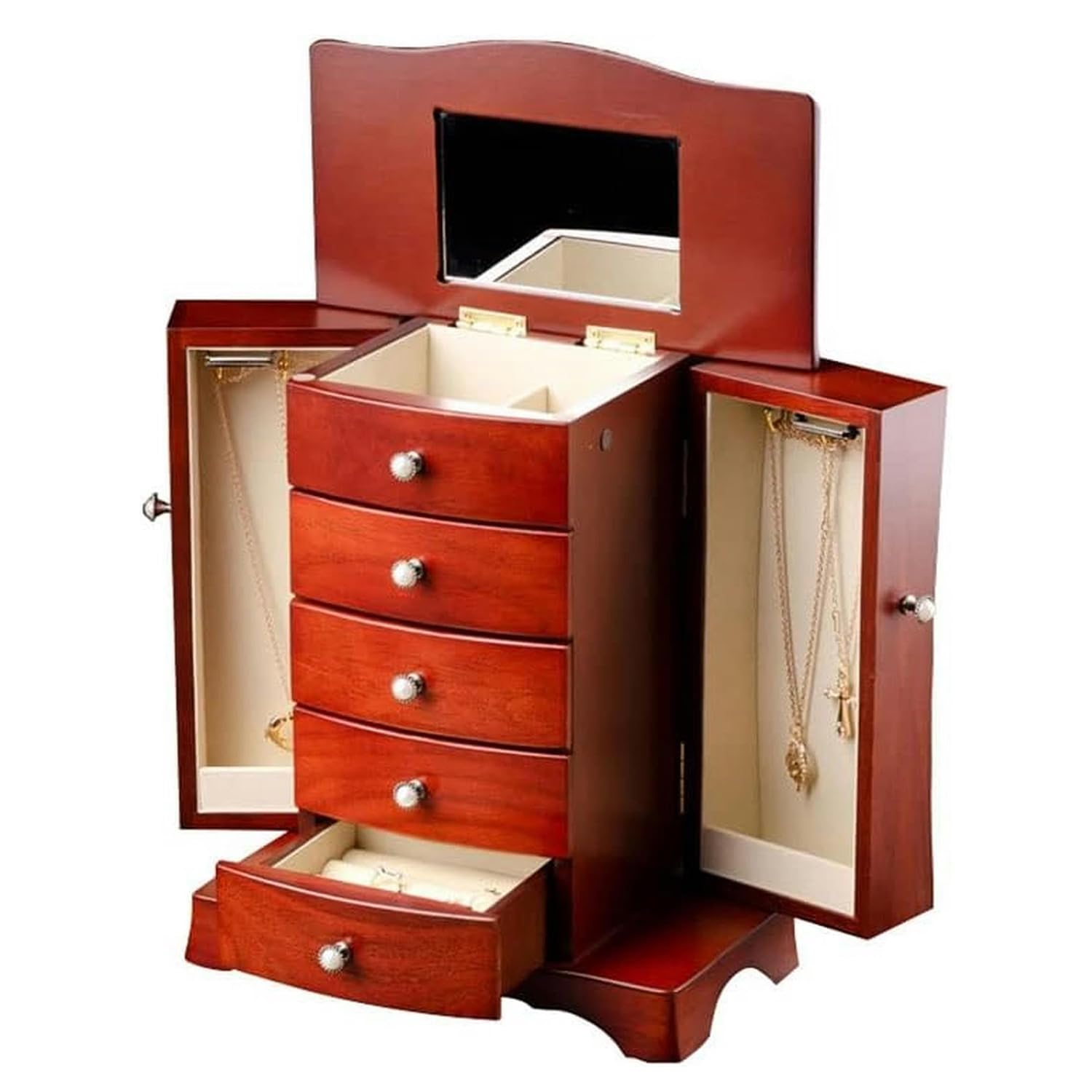 Annuod Wooden Jewelry Box, Multi-Layer Drawer Storage, With Mirror, For Ring Earring Necklace Bracelet Watch Small