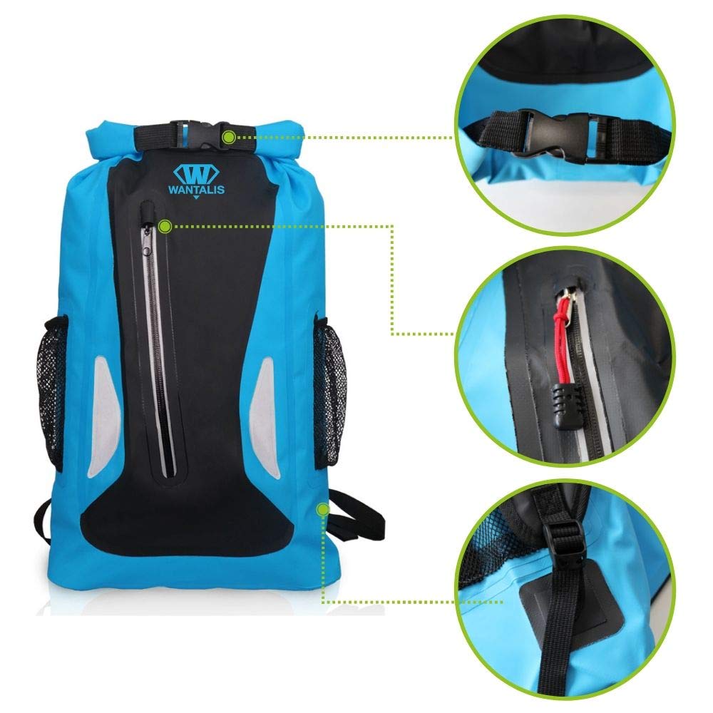 Wantalis - Zaino impermeabile da 25 litri + 1 tasca con cerniera e 2 tasche a rete, unisex, per adulti, blu, 45 x 32 x 20 cm