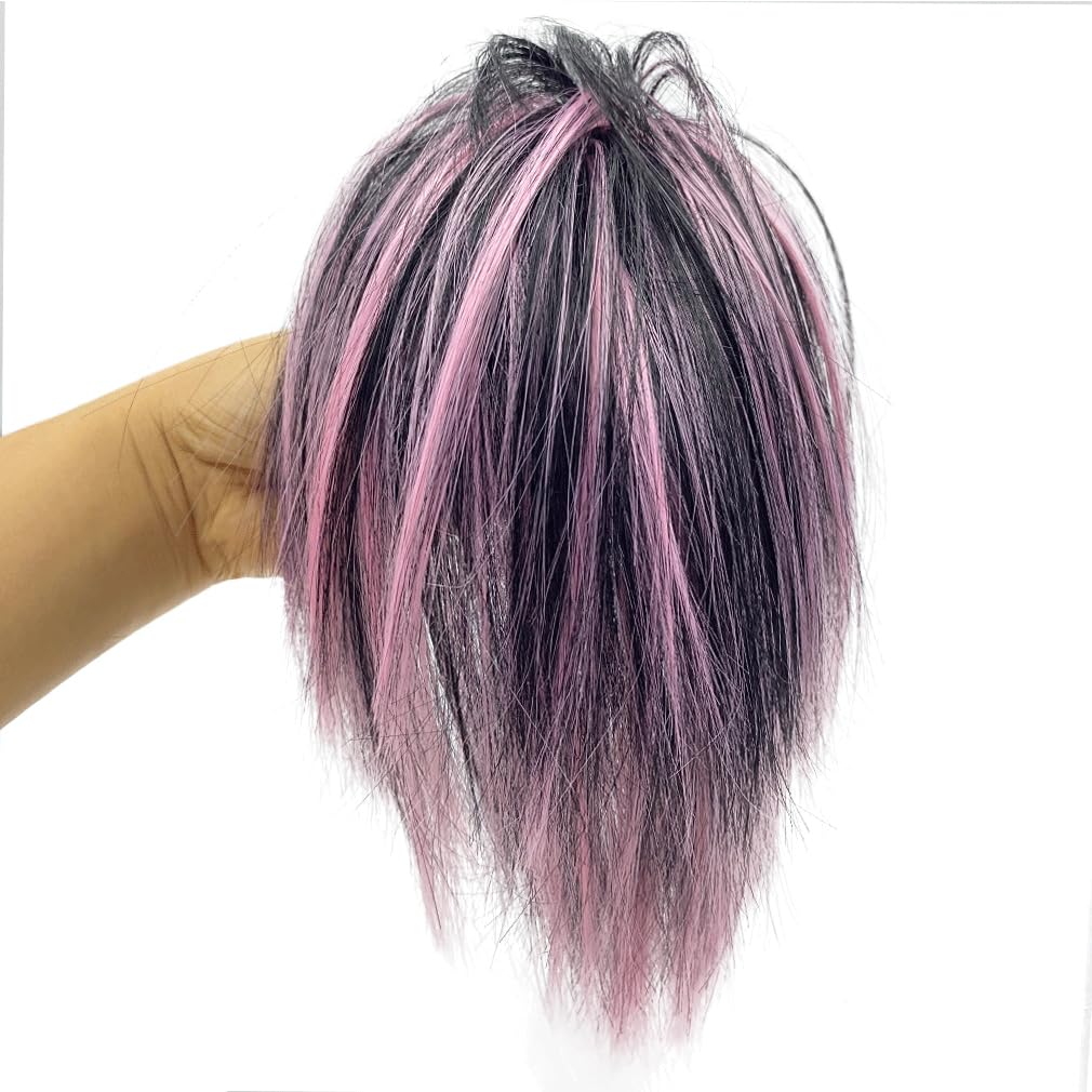 Messy Hair Highlight Ponytail Extension Claw Bun Hair Piece Elastic Drawstring Synthetic Ponytail Extension Hair Bun Extension for Women Daily Use light (Mix Pink) - Image 4