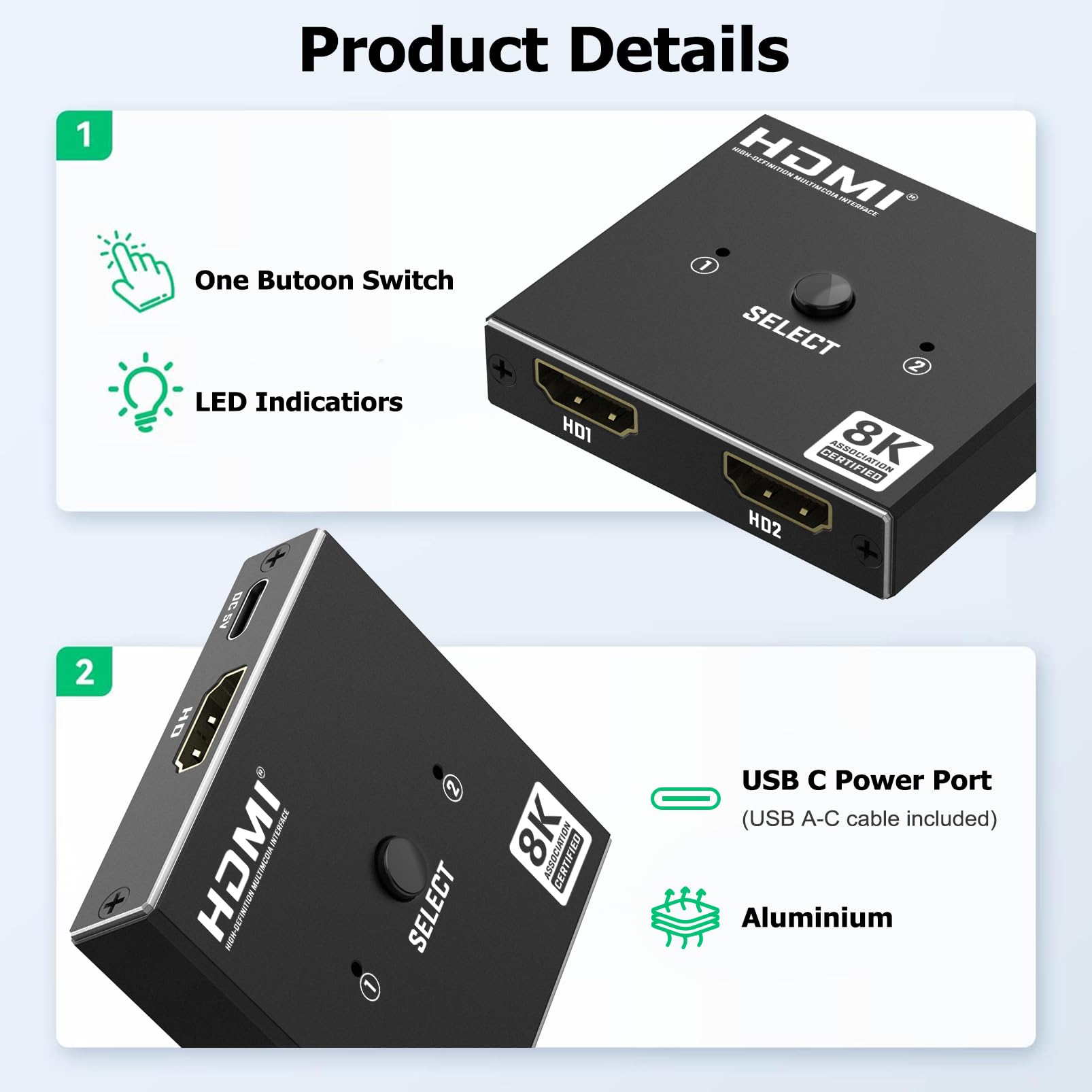 Switch HDMI 2.1 Splitter 8K@60Hz 4K@120Hz, Alluminio Bidirezionale HDMI Switch 2 in 1 Out/1 in 2 Out, Hdmi 2.1 Switcher Distributore supporta 48Gbps 3D HDCP 2.3 per PS5/4 Fire Stick/Xbox/HDTV