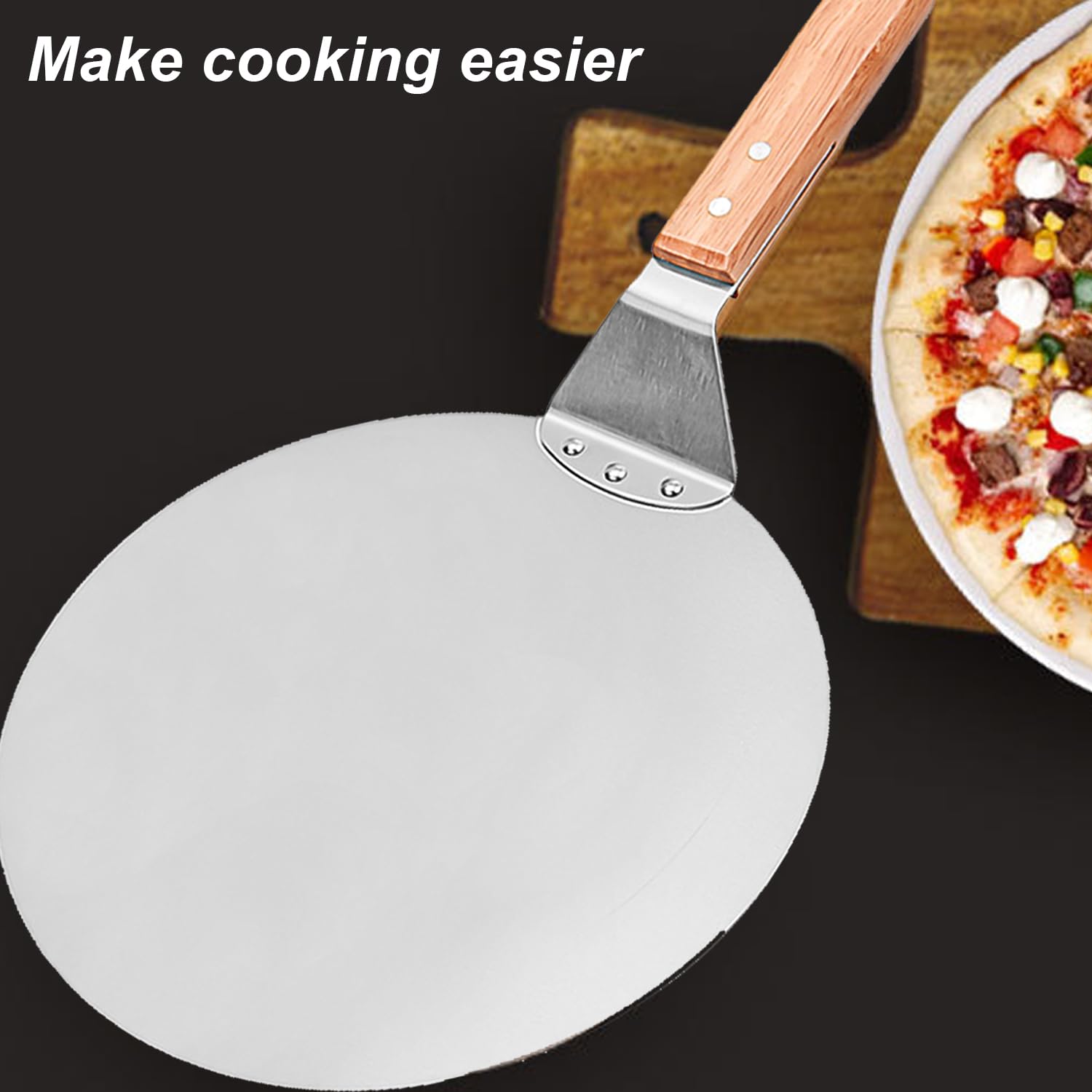 Pala Per Pizza YIDM Acciaio Inox 10 Pollici - Rotonda Con Manico Legno E Tagliapizza Incluso