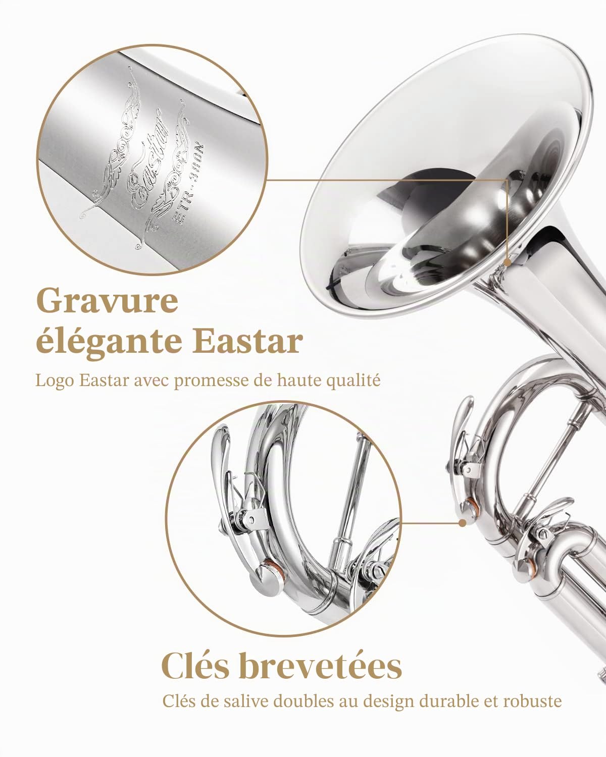 Coffret trompette Eastar en si bémol pour débutants, instrument de musique en cuivre pour étudiants, étui rigide, kit de nettoyage, embouchure 7C et gants, ETR-380N, argent