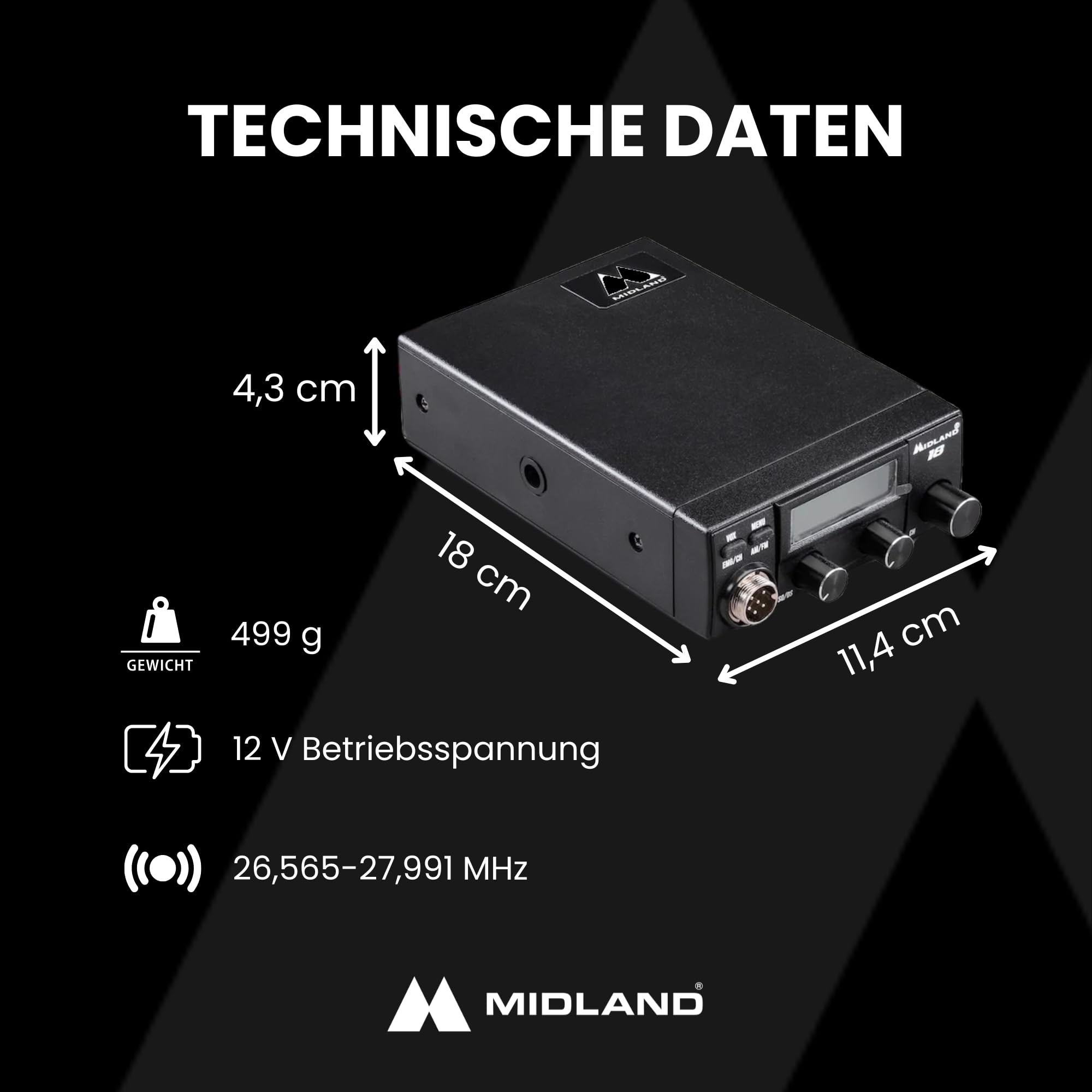 Midland 18 CB-Funkgerät mit LCD-Display, VOX Freisprechfunktion, 12V Anschluss, Multistandard, S-Meter, RF-Verstärkung, für Auto und LKW, schwarz