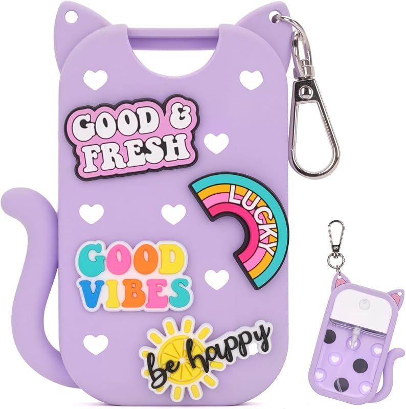 Capa de silicone AGIFTMIND para frasco spray Touchland de 30 mL, modelo com orelhas de gato, chaveiro e 4 pingentes decorativos, roxa