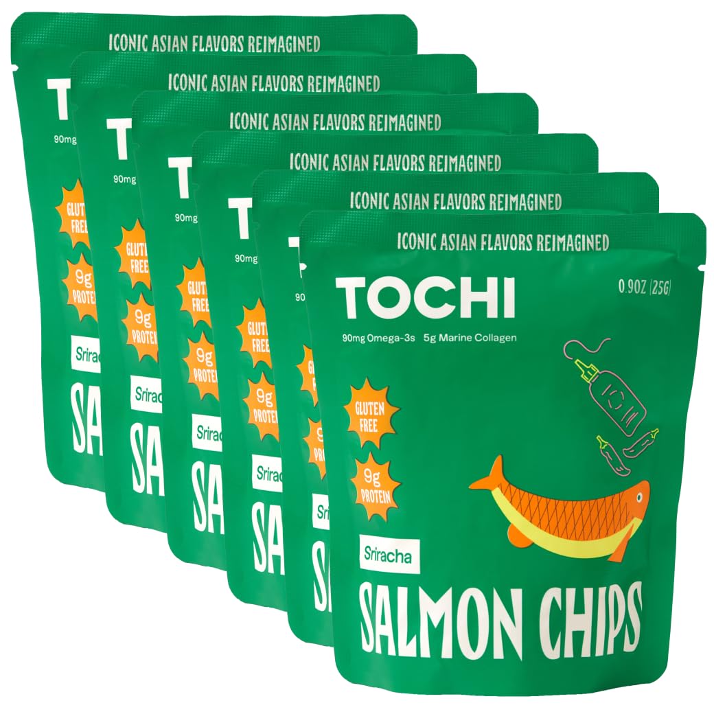 Tochi Norwegian Salmon Protein Chips (6 pack) - Healthy, Premium, Low Carb, Diabetic Friendly, Gluten free, High Protein, Omega-3’s & Collagen - similar to pork rinds, chicken skin chips - Sriracha Flavor -0.9 oz, 6 ct