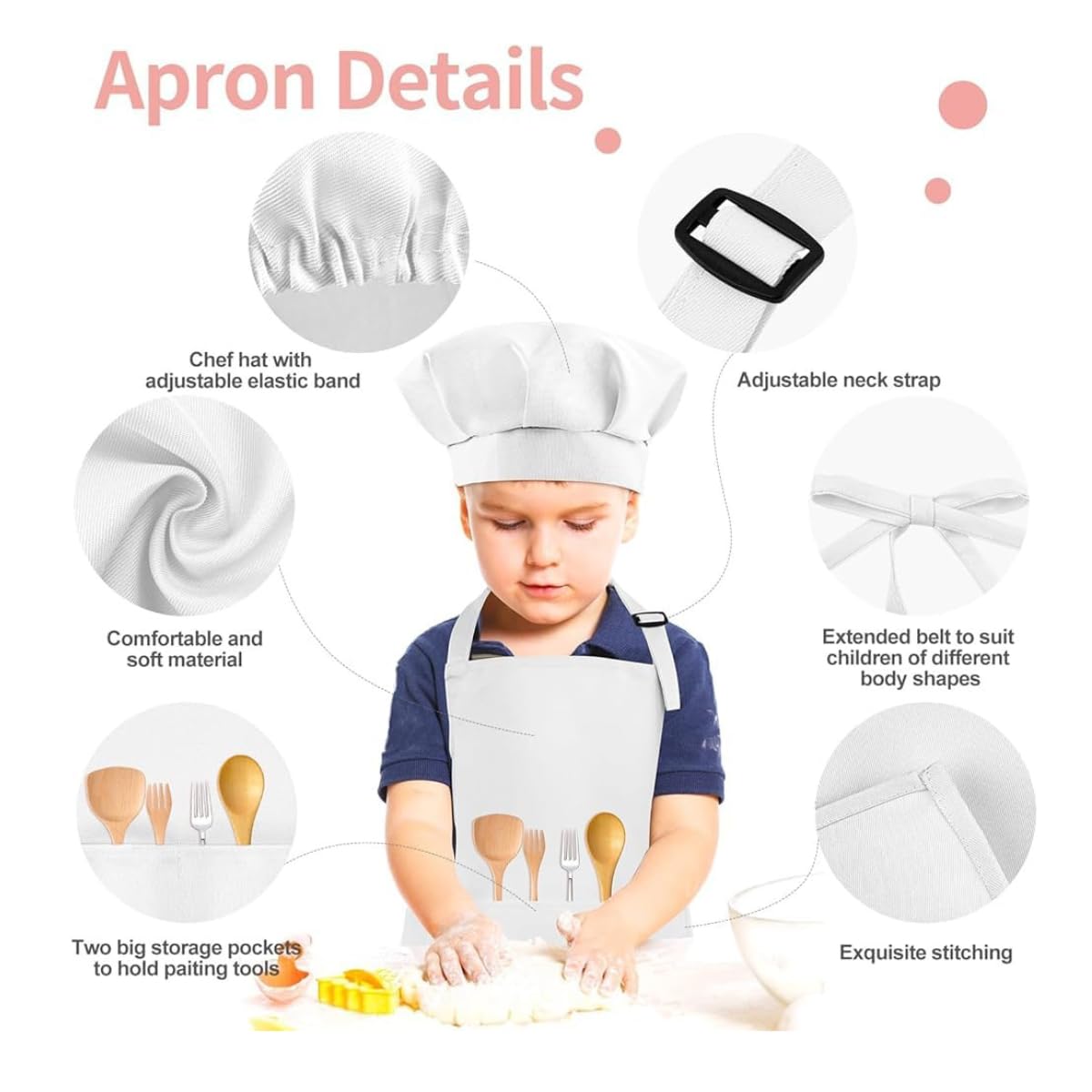 MAKSTILE Kids Apron with Chef Cap With Adjustable Neck Strap |Apron for Kids for Cooking, Baking, Painting & School Activities | Chef Apron for Girls & Boys | 3 to 6 Years | Size-50 x 37 cms (White) 3