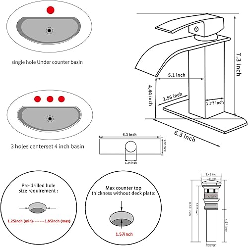Miniatura 2 de GGStudy - Grifo de baño negro mate, grifo de lavabo de baño con cascada, montaje en cubierta, manija única, 1 agujero, grifo de tocador de baño con