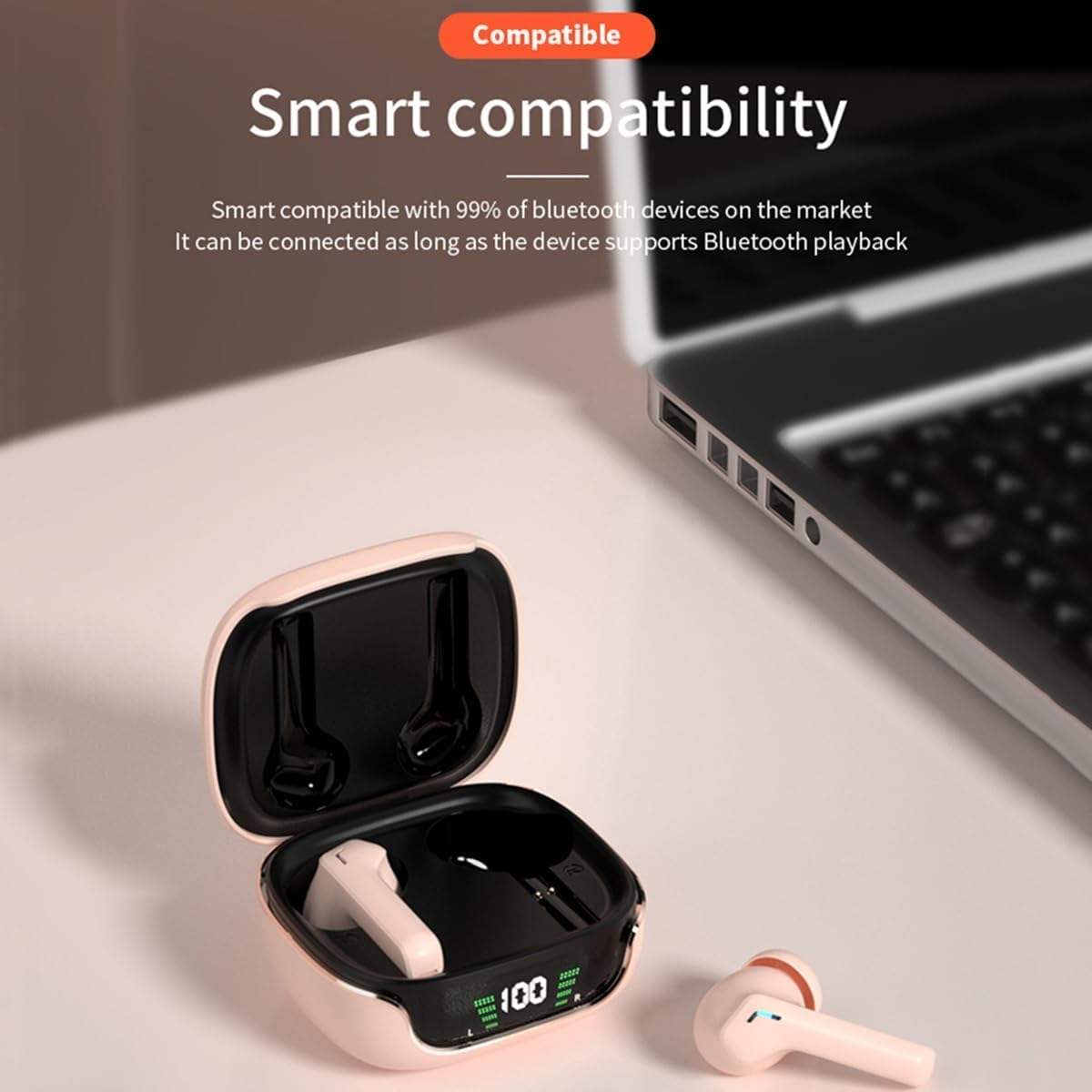 Bluetooth 5.3 Wireless in-Ear-Headphones Earbuds LED Power Display Earphones with Charging Case IPX5 Waterproof in-Ear Earbuds with Mic for TV Smart Phone Laptop Computer Sports Pink