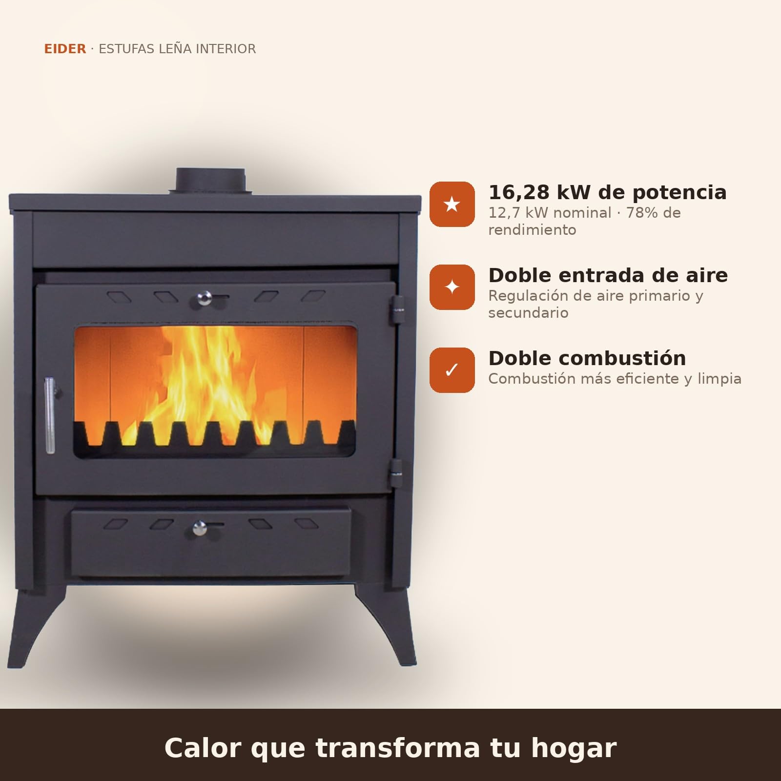 EIDER BIOMASA Estufa de Leña CAPRI – 16,28 kW – Con Parrilla para Cocinar – Rendimiento 78% – Hasta 315 m³ – Doble Combustión – Hierro Fundido – Clase A