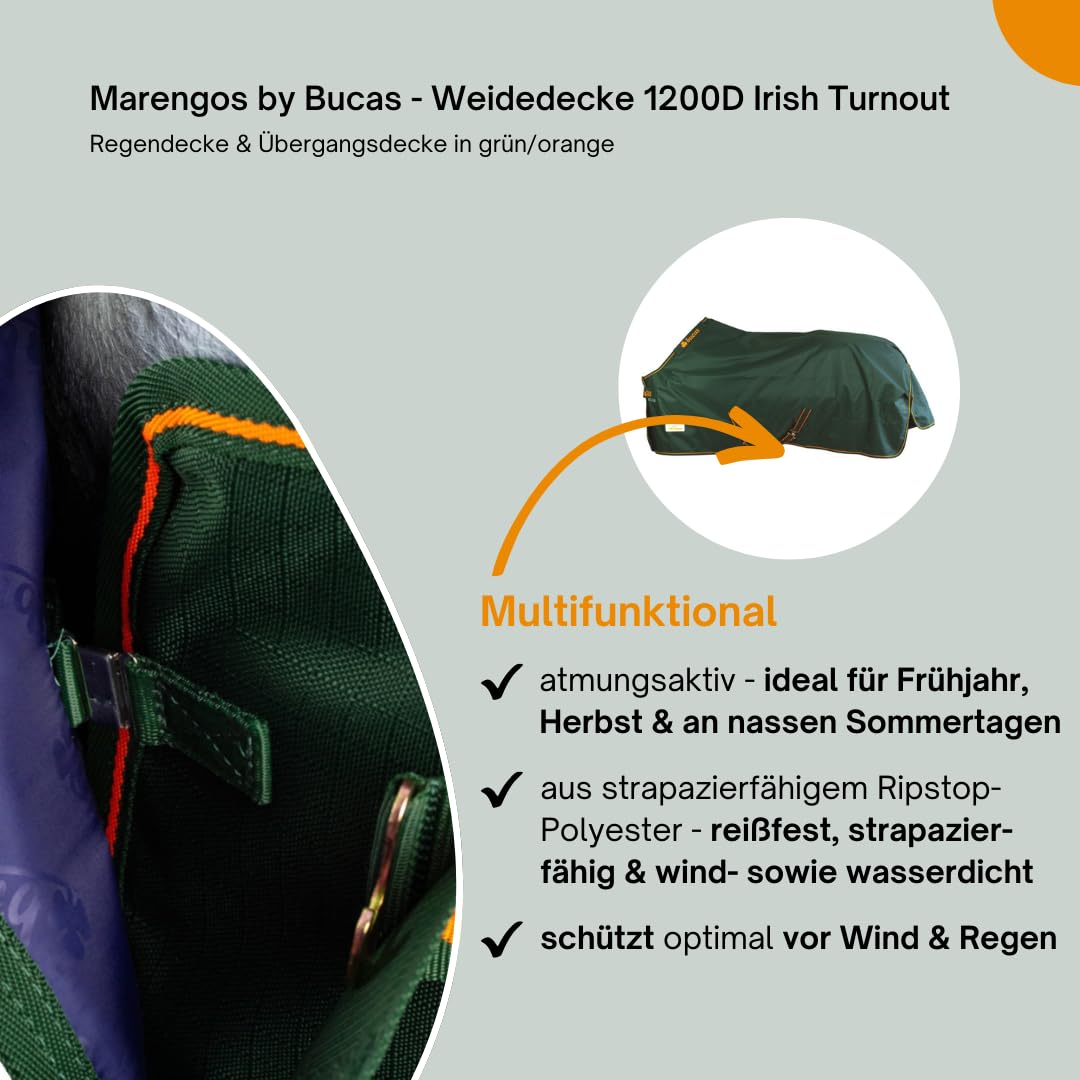 Marengos by Bucas - Weidedecke 1200D Irish Turnout | als Regendecke & Übergangsdecke | wasserdichte Outdoordecke mit Innenfutter & Kreuzbegurtung | Grün/Orange in Größe 165cm (ohne Füllung)