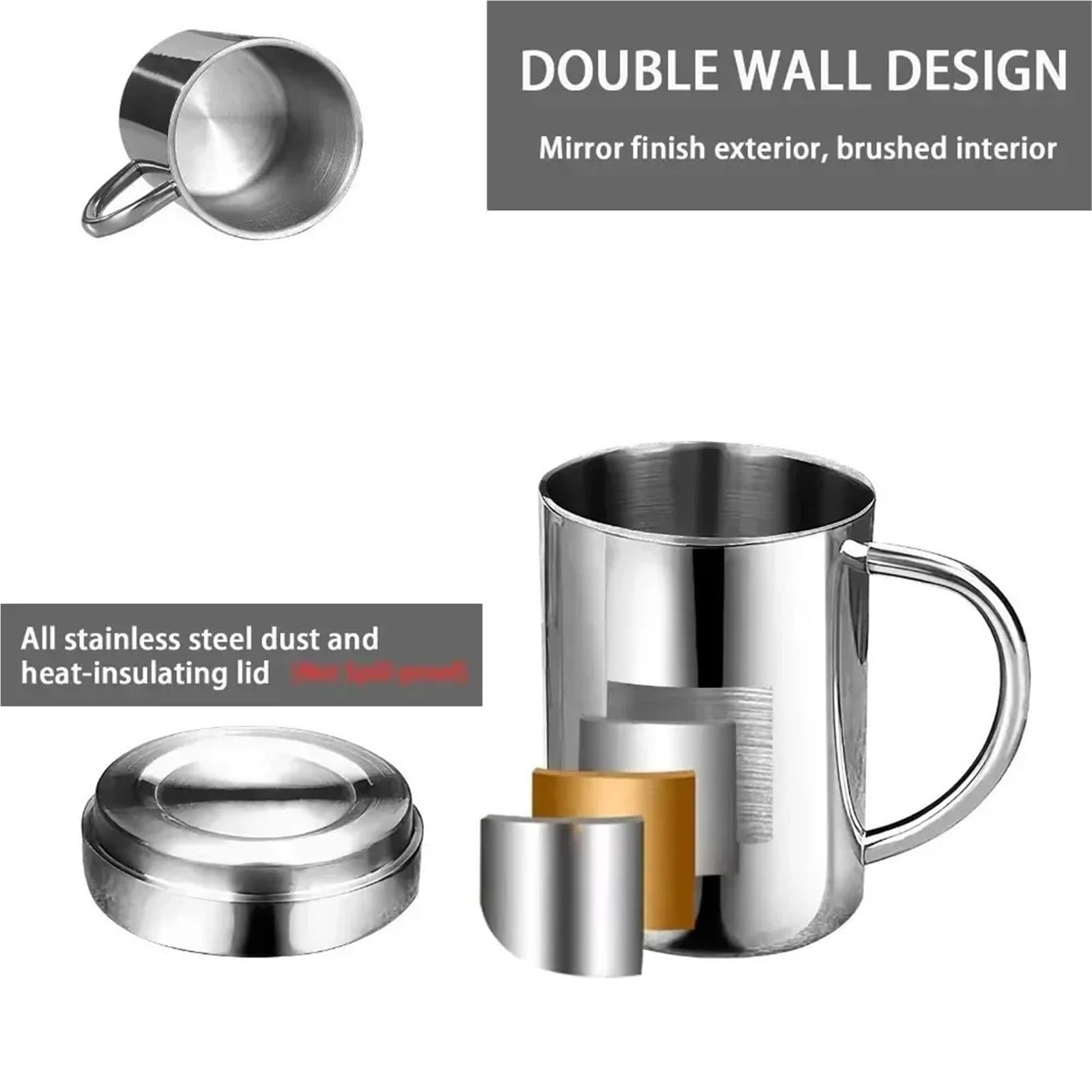 Taza de acero inoxidable con asa, fácil limpiar y reutilizable, adecuada for oficina, exterior, Camping, taza agua portátil 300/400ml Para café y bebidas(400ml With cover)