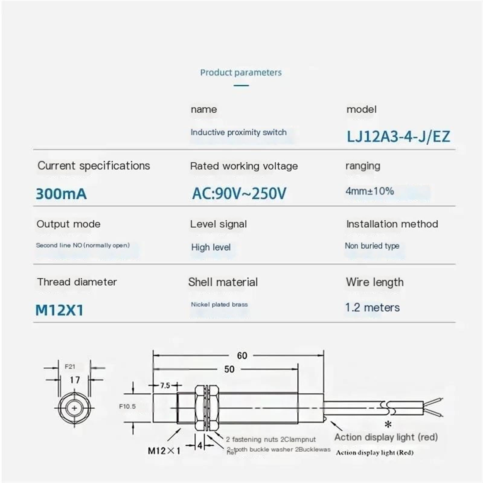 1 Stück induktiver Näherungsschalter LJ12A3-4-J/EZ Metallsensor m12 AC zweiadrig, normalerweise NO(2-Wires Nc)