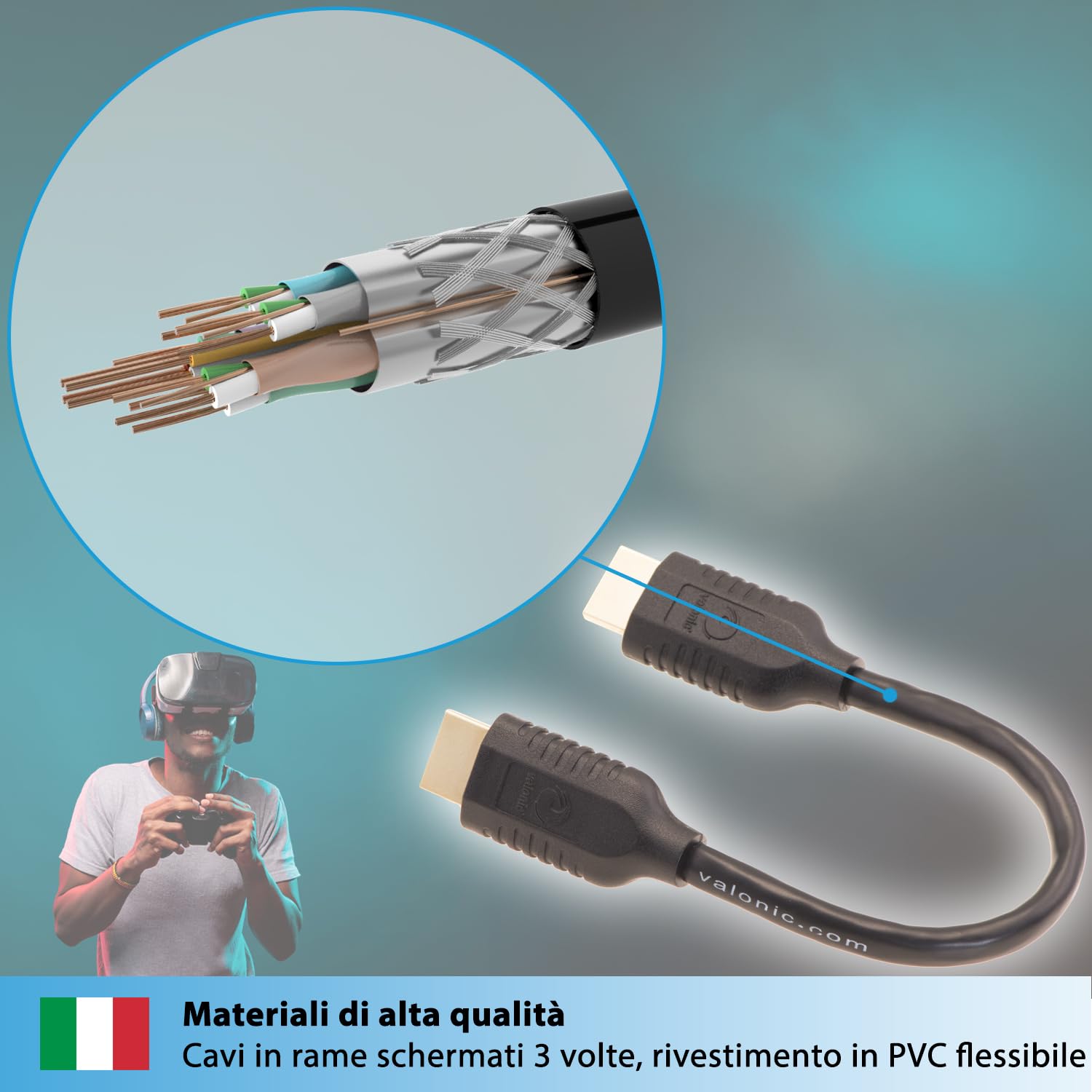 valonic cavo hdmi corto, 20 cm - HDR, ARC, High Speed 4k Ultra HD - per TV, PC, PS5, Monitor - maschio maschio, nero, 0,2m