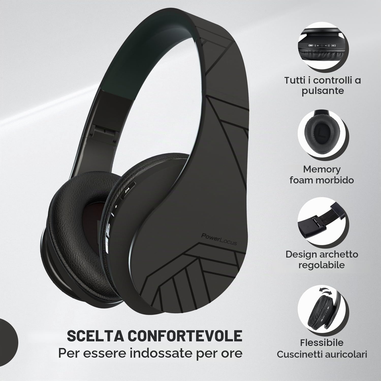 PowerLocus Cuffie Bluetooth Over Ear, Cuffie Wireless Bluetooth 5.3, Hi-Fi Stereo Suono, Senza Fili con Microfono, Pieghevoli, Micro SD/TF, FM Radio per Viaggio/Telefono/PC/Ufficio (Nero)