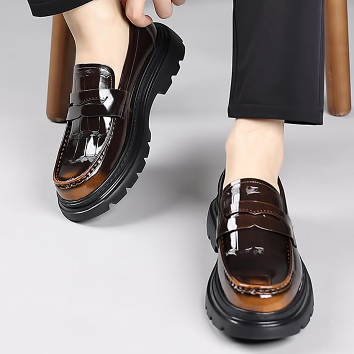 Mocasines de Cuero con Plataforma y borlas para Hombre Zapatos De Vestir Punta Redonda Modernos, para Negocios Negocios, Bodas